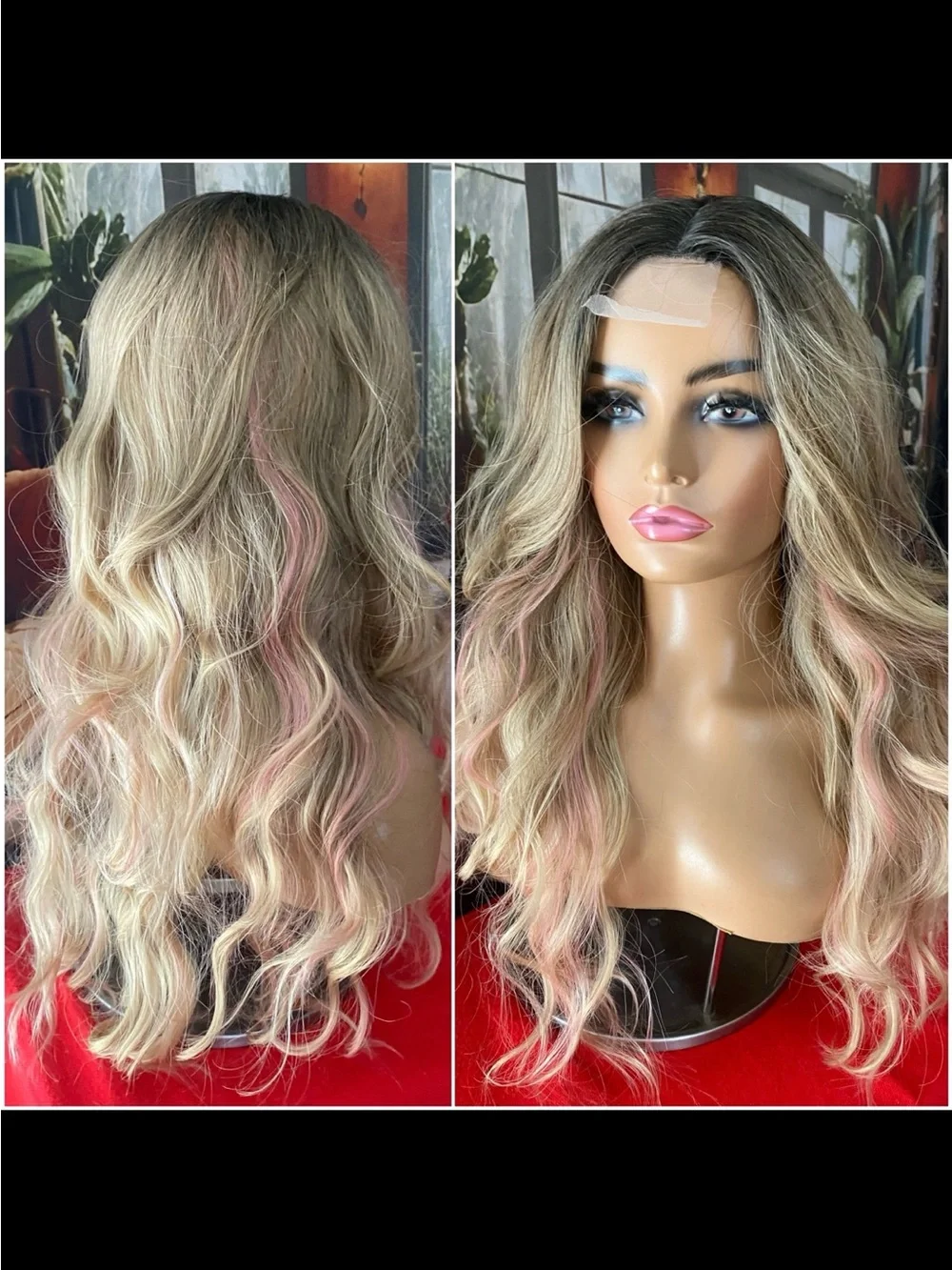 Lace center PINK stripe highlights blonde wig